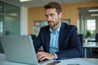 Homme académicien travaillant sur un ordinateur dans un bureau moderne