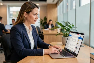Femme professionnelle accédant à sa messagerie Sogo Webmail depuis un ordinateur portable dans un bureau moderne