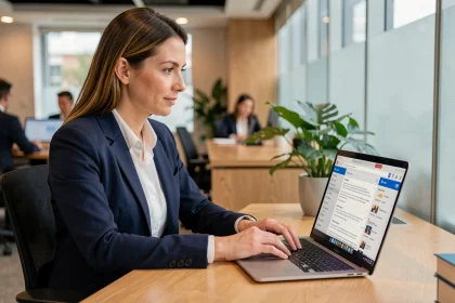 Femme professionnelle accédant à sa messagerie Sogo Webmail depuis un ordinateur portable dans un bureau moderne