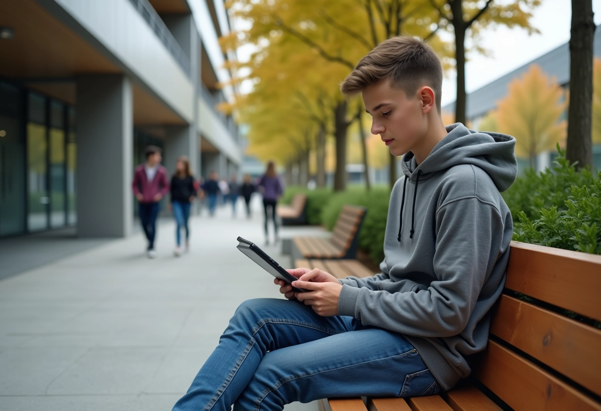 Adolescent en hoodie utilisant une tablette dehors