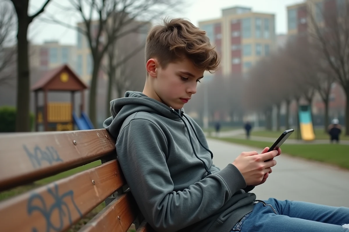 Adolescent regardant son téléphone sur un banc de parc urbain