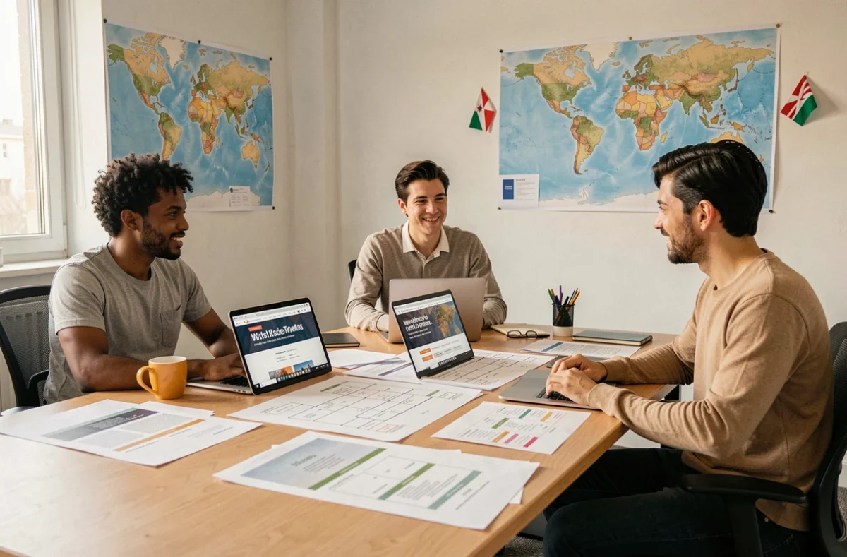Équipe multiculturelle de l'agence 3SC Global Services collaborant sur des projets de sites web internationaux dans un bureau ouvert