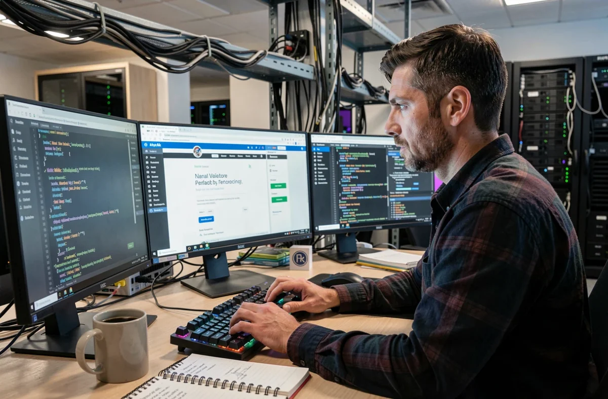 Développeur de l'agence LK Interactive concentré sur l'écriture de code pour un projet de site web dans un environnement technique