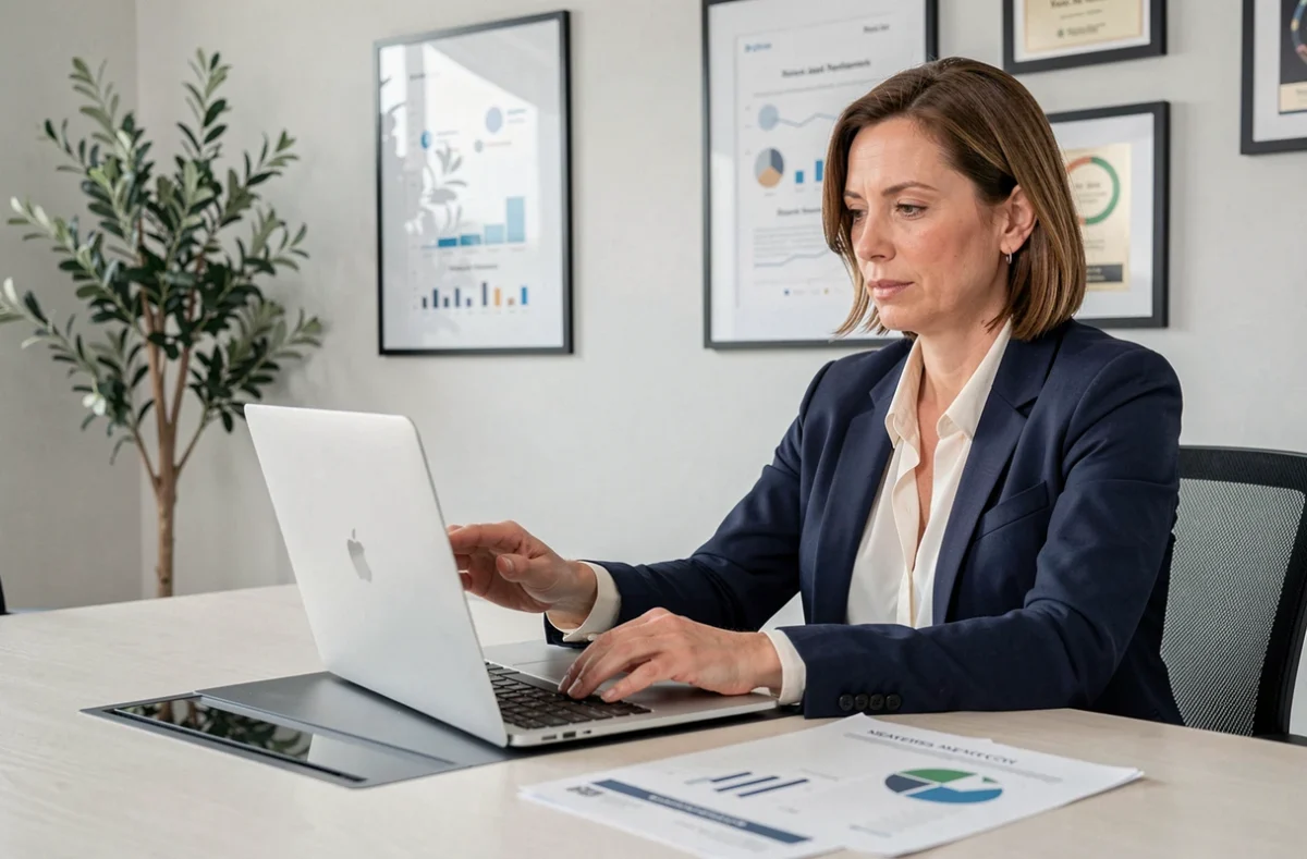Stratège digitale de l'agence M-Com analysant des tableaux de bord et rapports de campagne dans un bureau contemporain