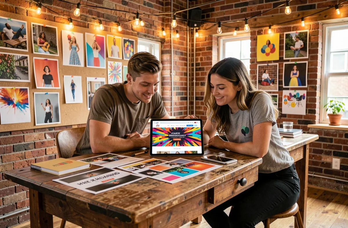 Équipe créative de l'agence Make it Creative collaborant sur un concept de site web artistique dans un studio coloré