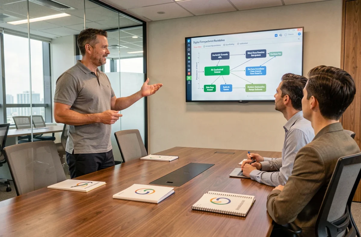 Chef de projet de l'agence Pharos Digital présentant une feuille de route de transformation numérique en salle de réunion vitrée