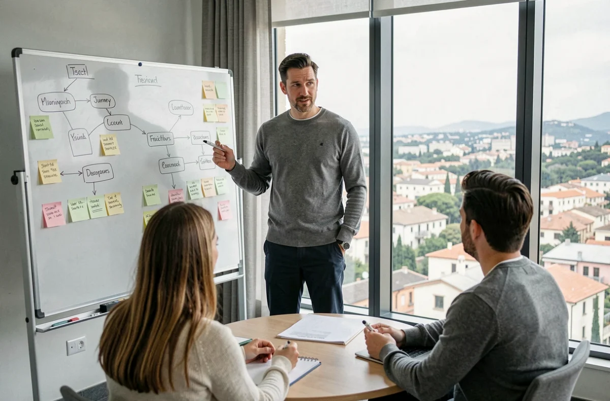 Designer UX de l'agence Quai 13 présentant une architecture de site web sur un tableau blanc face à son équipe avec vue sur la ville