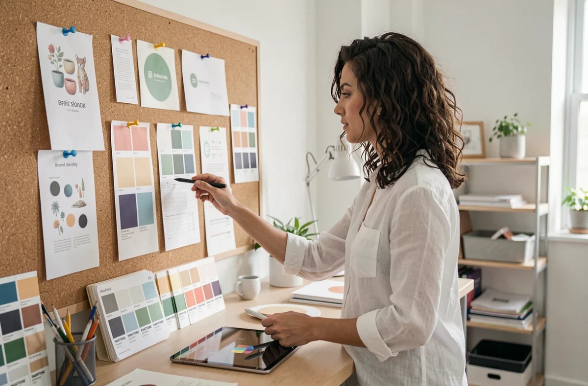Designer graphique de l'agence RG Design travaillant sur une identité visuelle avec des palettes de couleurs dans un studio créatif