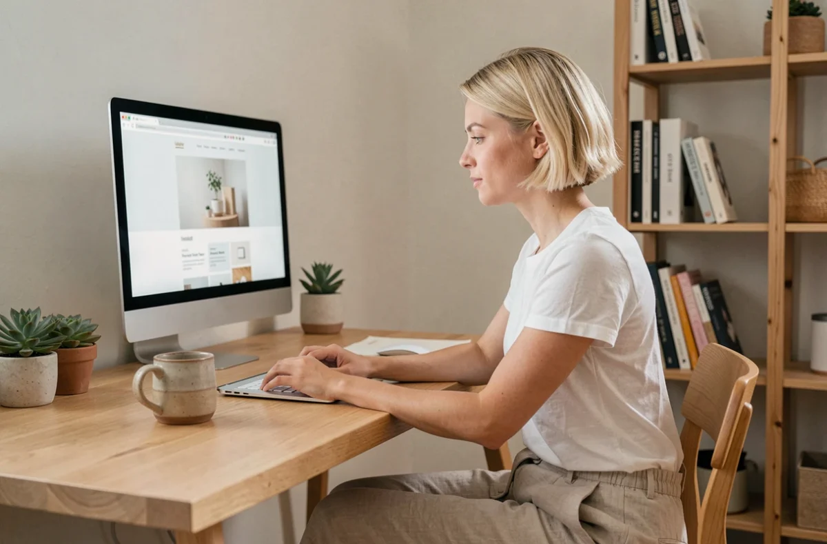 Designer web de l'agence Simplement travaillant sur une mise en page élégante et épurée dans un studio minimaliste et chaleureux