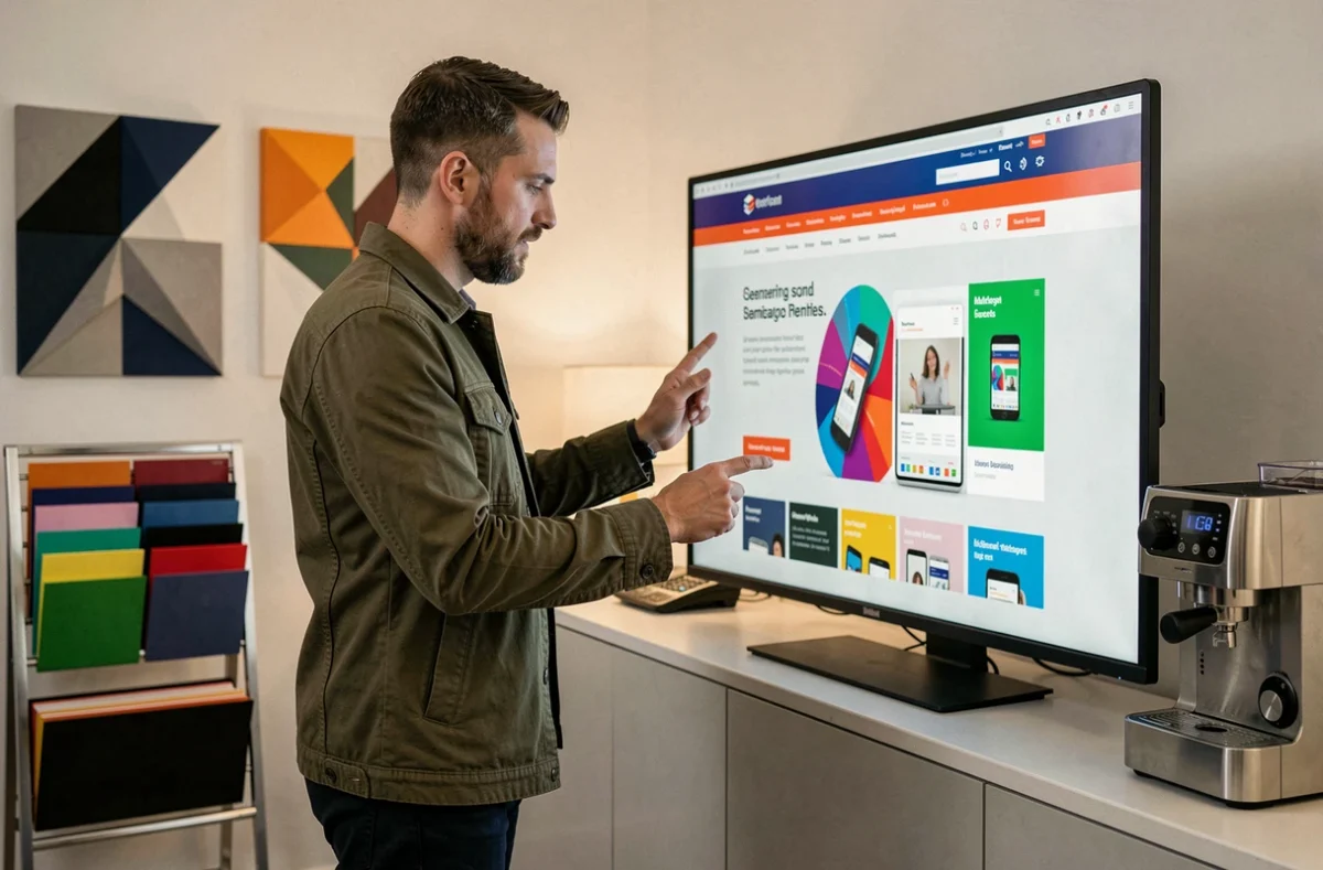 Directeur créatif de l'agence Wagaia examinant un prototype de site e-commerce sur un grand écran tactile dans un studio contemporain