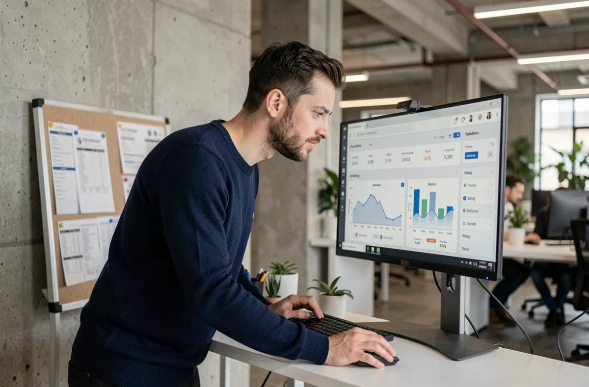 Développeur web analysant les performances et le poids des images d'un blog sur un écran dans un espace de coworking