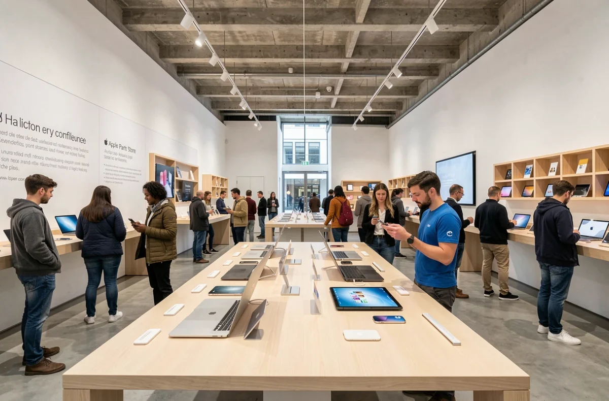 Intérieur de l'Apple Store de Lyon avec des clients découvrant les produits Apple sur des tables en bois