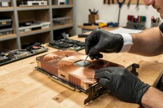 Technicien appliquant de la pâte thermique sur le die d'une carte graphique RTX avec des gants nitrile noirs