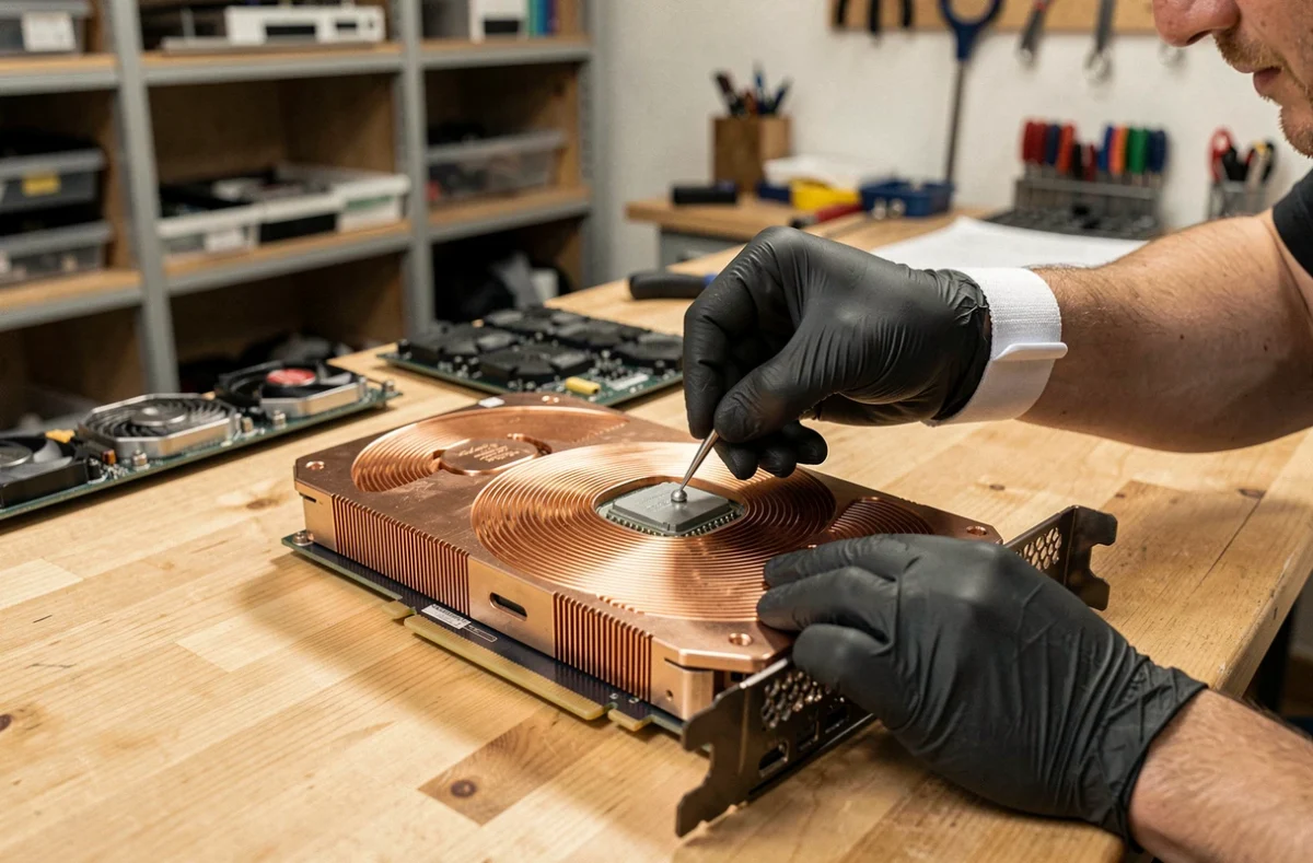 Technicien appliquant de la pâte thermique sur le die d'une carte graphique RTX avec des gants nitrile noirs