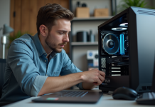 Concurrents Nvidia : AMD, un sérieux rival ? Jeune homme assemble un PC haut de gamme dans un bureau moderne