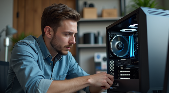 Jeune homme assemble un PC haut de gamme dans un bureau moderne