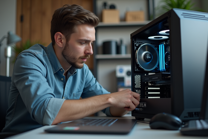 Jeune homme assemble un PC haut de gamme dans un bureau moderne