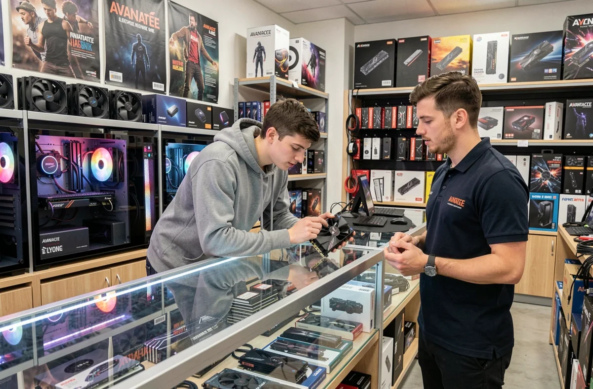 Client et vendeur chez Avantage PC à Lyon examinant des composants pour un PC gaming sur mesure