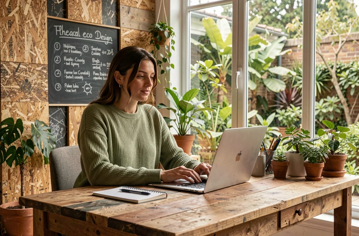 Développeuse de Bienfait travaillant dans un espace studio éco-responsable avec matériaux naturels