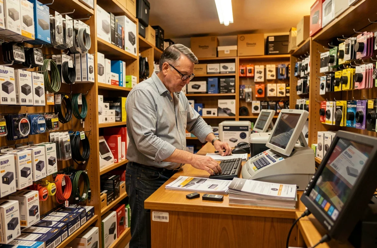 Commerçant derrière le comptoir du magasin BIMP dans le Rhône, entouré d'accessoires informatiques