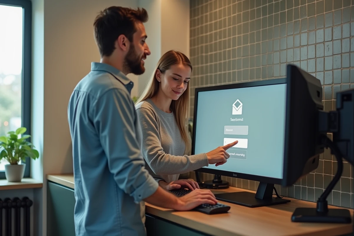 Deux collègues discutant des bonnes pratiques de connexion sécurisée à un webmail sur un ordinateur partagé en salle de pause