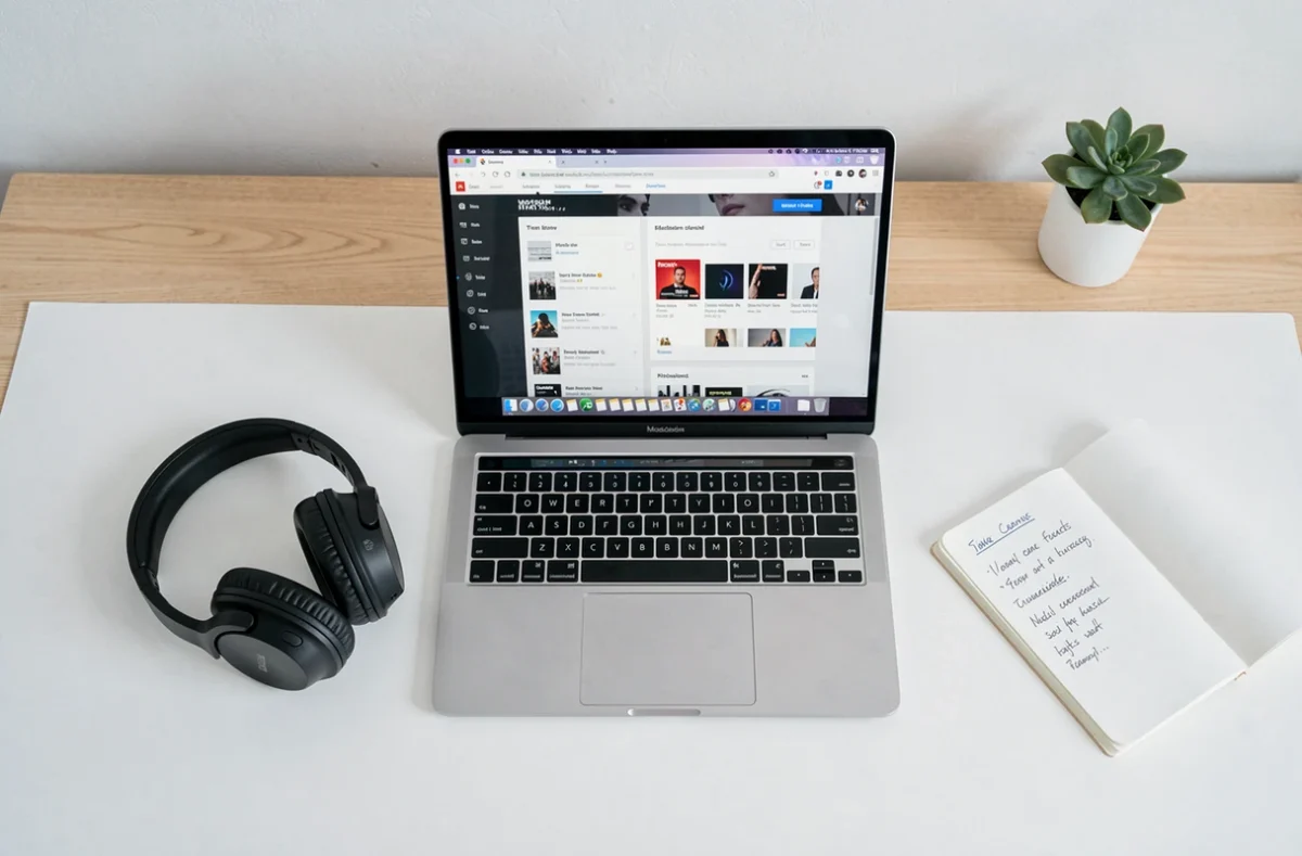 Bureau minimaliste avec laptop affichant un site de conversion YouTube MP3, casque audio et notes manuscrites