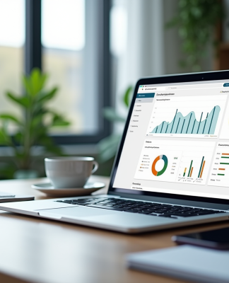 Bureau moderne avec ordinateur affichant des analyses web