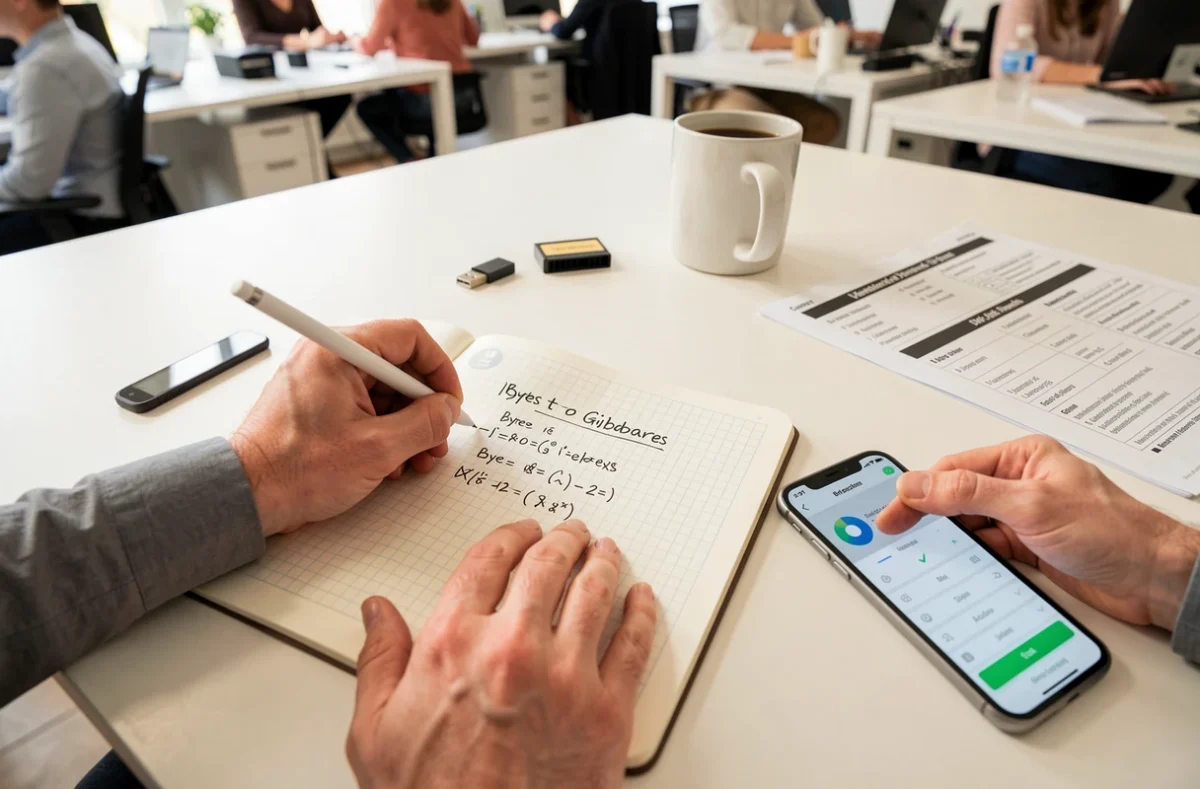 Mains écrivant des calculs de conversion d'octets dans un carnet avec une application calculatrice sur smartphone
