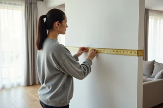 Femme mesurant un mur dans un salon moderne pour choisir la bonne taille d'écran de télévision