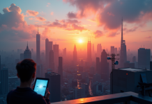 Silhouette de la ville au coucher du soleil avec antennes 5G et personnes utilisant des smartphones