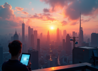 Avantages et impacts de la technologie 5G : une révolution à venir ! Silhouette de la ville au coucher du soleil avec antennes 5G et personnes utilisant des smartphones