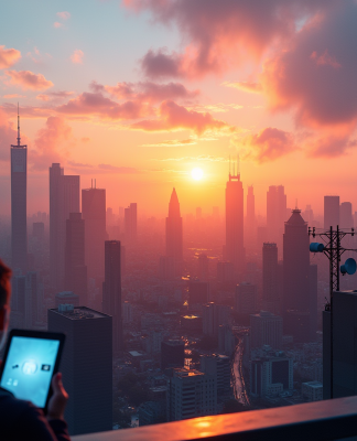 Silhouette de la ville au coucher du soleil avec antennes 5G et personnes utilisant des smartphones