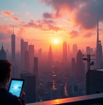 Avantages et impacts de la technologie 5G : une révolution à venir ! Silhouette de la ville au coucher du soleil avec antennes 5G et personnes utilisant des smartphones