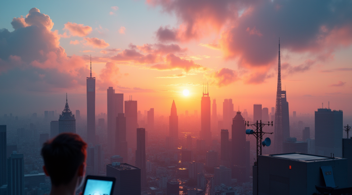 Silhouette de la ville au coucher du soleil avec antennes 5G et personnes utilisant des smartphones