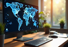 Clavier et écran affichant une carte du monde numérique