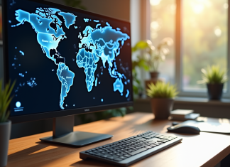 Dans quel pays se trouve l’adresse IP 189.33.158.17 ? Clavier et écran affichant une carte du monde numérique