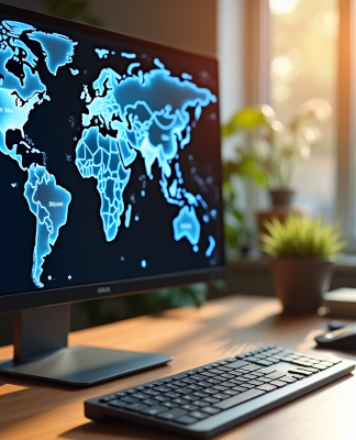 Clavier et écran affichant une carte du monde numérique
