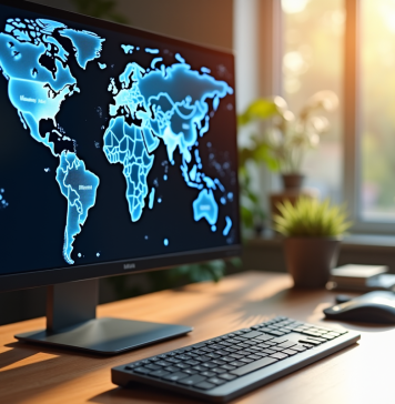 Clavier et écran affichant une carte du monde numérique