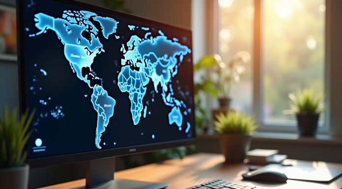 Clavier et écran affichant une carte du monde numérique