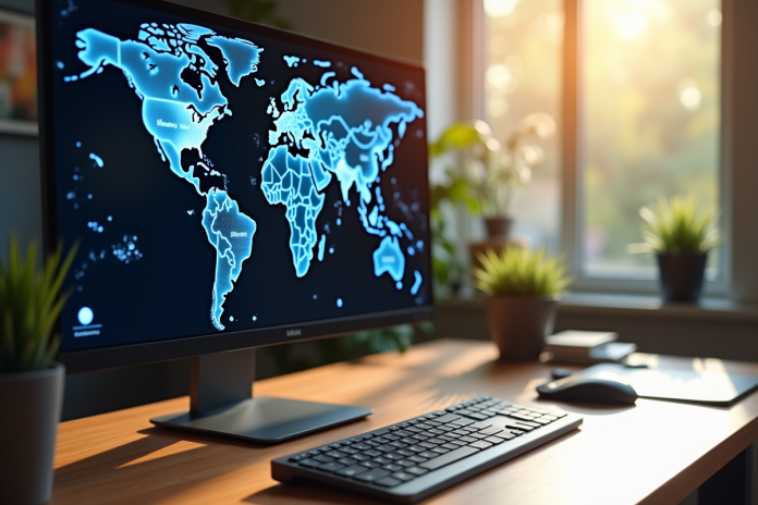 Clavier et écran affichant une carte du monde numérique