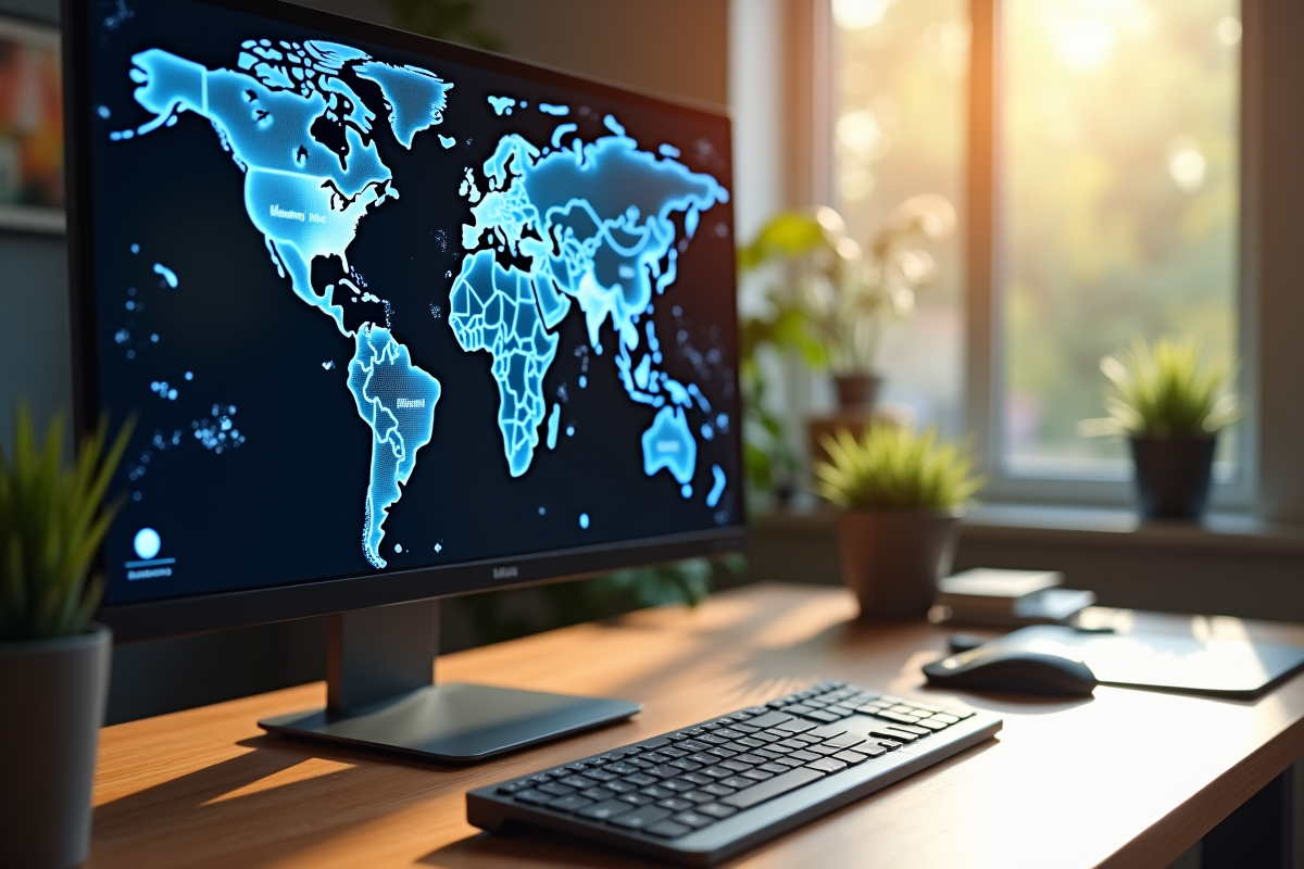 Clavier et écran affichant une carte du monde numérique
