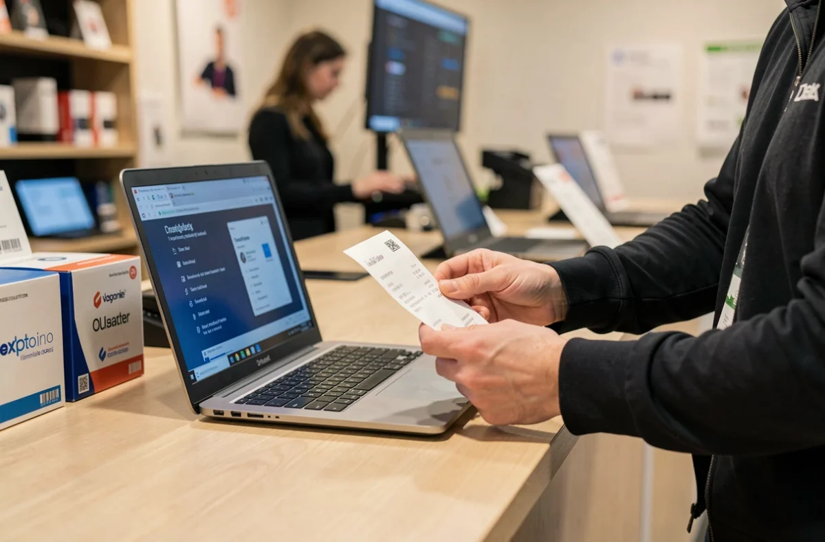 Client au comptoir d'un magasin informatique avec ticket et garantie