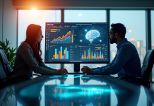 Professionnels d'affaires analysant des graphiques numériques et IA