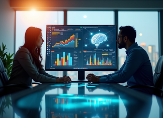 Marketing numérique : avantages de l’IA pour la prise de décision Professionnels d'affaires analysant des graphiques numériques et IA