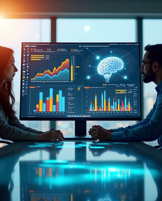 Professionnels d'affaires analysant des graphiques numériques et IA