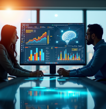 Professionnels d'affaires analysant des graphiques numériques et IA