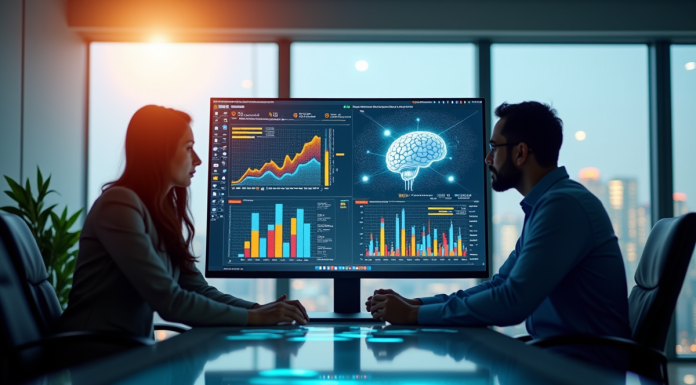 Professionnels d'affaires analysant des graphiques numériques et IA