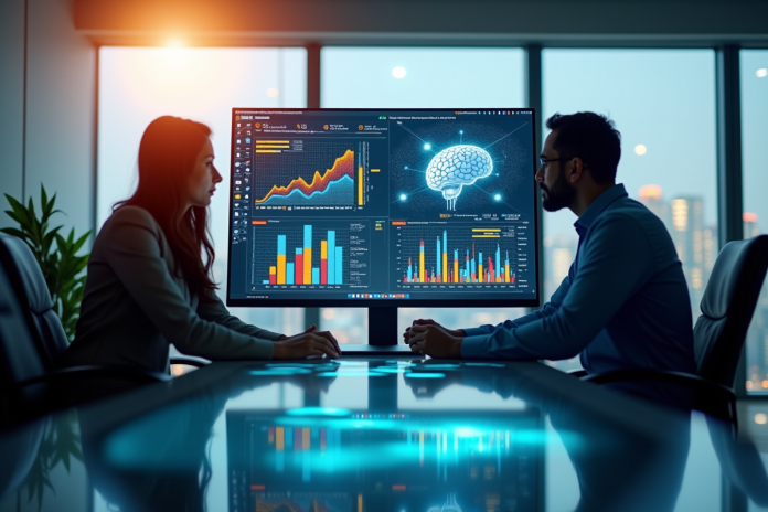 Professionnels d'affaires analysant des graphiques numériques et IA