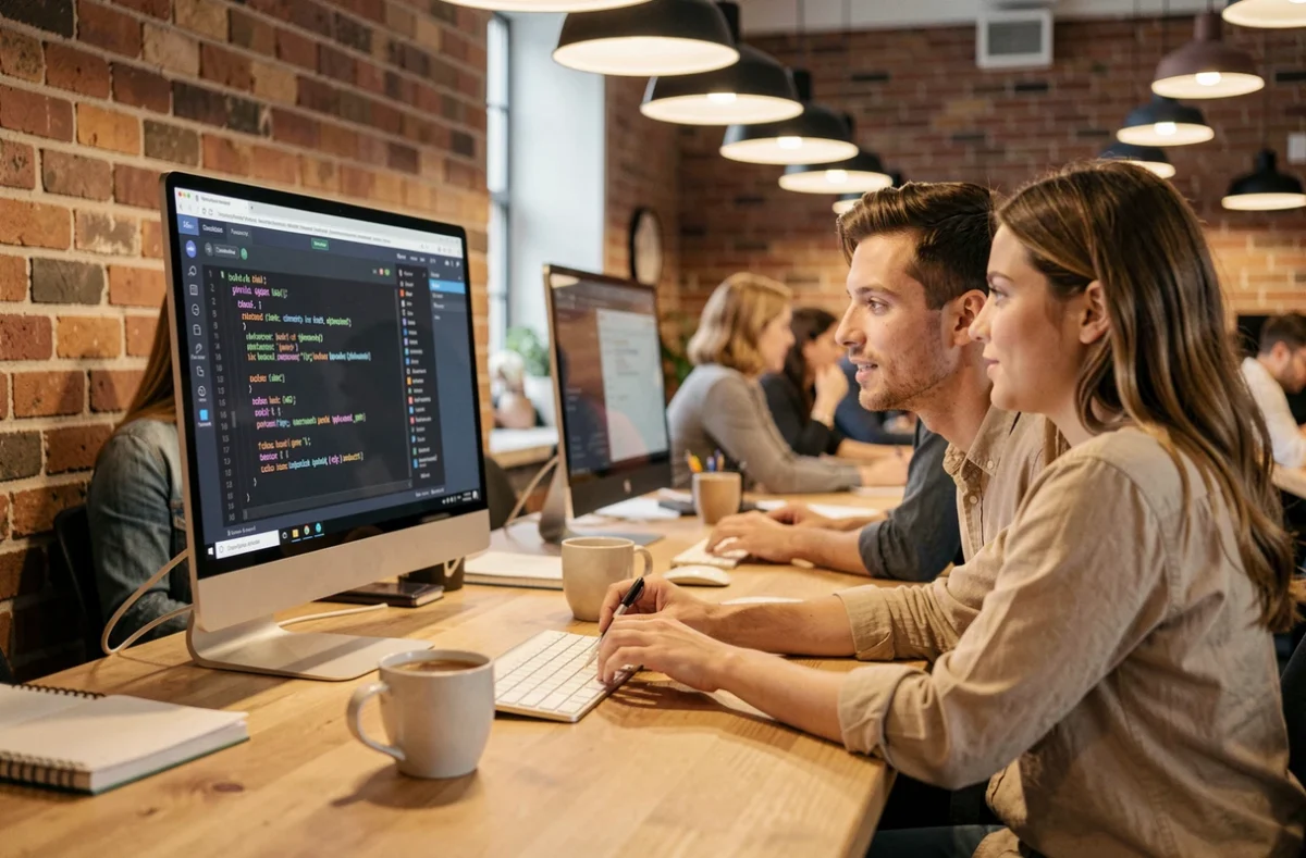Deux collègues dans un espace de coworking consultant les commandes markdown de Discord ensemble