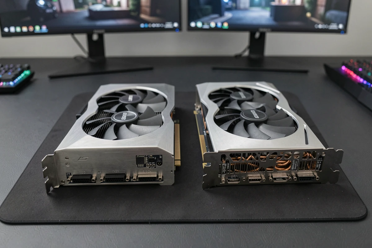 Comparaison côte à côte de deux cartes graphiques GPU haute performance sur un bureau de travail informatique